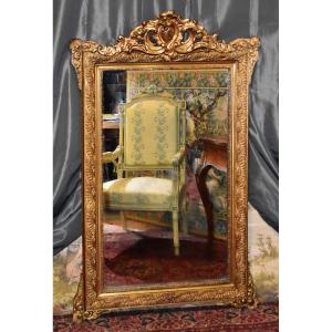 Large Louis XV Style Pediment Mirror, Napoleon III Period, Wooden And Gilded Stucco Mirror   