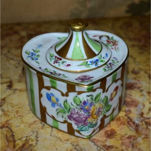 Jacques Dumont, 1910, Limoges Porcelain, Heart-shaped Inkwell, Floral And Gold Decoration, Hand-painted