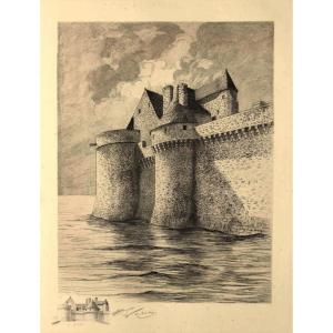 Henri Voisin, Etching Of Mont Saint-michel, King's Tower And The Arcade, Seawall At High Tide