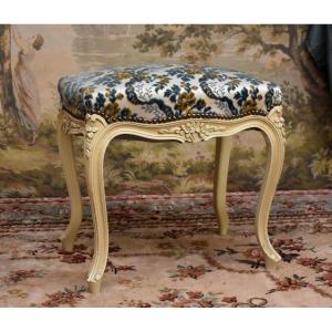 Louis XV Style Stool In Off-white Lacquered Wood, Embossed Velvet Fabric, Painted Foot