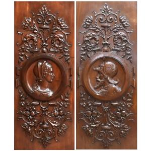Pair Of Renaissance-style Carved Panels, Cupboard Doors, 19th-century Woodwork Elements