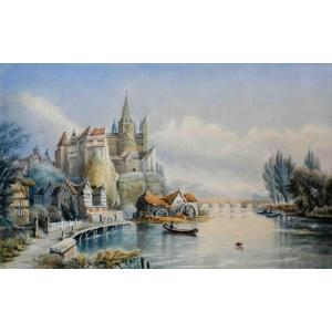 Watercolor, Architecturally Structured Landscape Monogrammed Fc, 