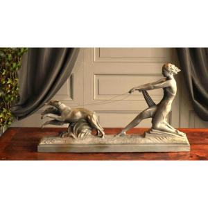 Ugo Cipriani, Statue Of A Young Woman With Greyhounds, Art Deco Terracotta Sculpture With A Green Patina