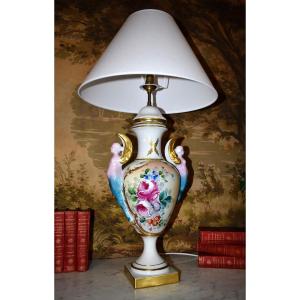 Large Limoges Porcelain Lamp Base, Hand-painted With A Floral Design, Bouquet Of Flowers