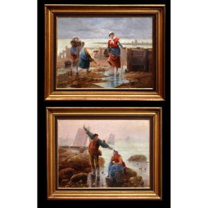 Teresa Durazzo Doria (1805-1895) 19th Century Pair Of Paintings Lively Scenes, Fishing At Low Tide. 