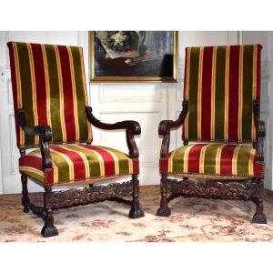 Pair Of Large Carved Armchairs In The Louis XIII Renaissance Style With High Backs, Walnut, 19th Century