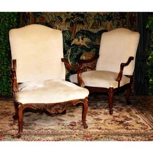Pair Of Large Regency Style Armchairs With High Backs And Wide Seats, Velvet Fabric, 19th Century