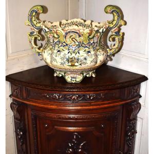 Very Important Desvres Faience Cachepot, Rouen Decorated Bowl, Large Centerpiece