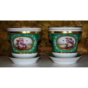 Pair Of Cachepots With Saucers, Floral Decoration, Hand-painted Bouquets Of Flowers, 19th Century