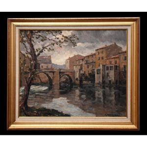 Marcel Azema - Billa (1904-1999) Landscape Millau, View Of The Old Bridge. Oil On Canvas, Framed.