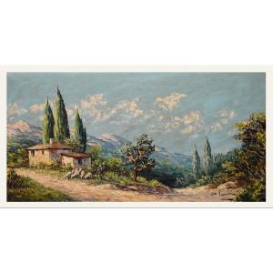 Pierre Lemoine (1920-2006) Landscape With A Shepherd And His Sheep Against A Mountain Backdrop