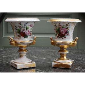Pair Of Porcelain Vases From The Restoration Period, Floral Decoration, Hand-painted Bouquet Of Flowers