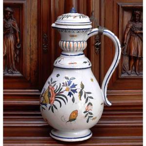 Large Rouen Earthenware Pitcher Decorated With Cornucopia, Butterflies, And Insects, Early 20th Century