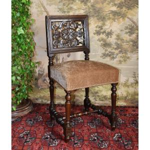 Chair With Openwork Back In Renaissance Style - Henri Ii, Late 19th Century, Velvet Fabric Seat.