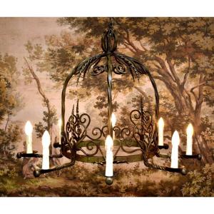 Large Cage Chandelier - Crown In Green Lacquered Wrought Iron With 8 Lights, Renaissance Style 