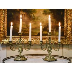 Pair Of Three-arm Candelabra, 3-light Bronze Chandeliers, 19th Century Candlesticks.