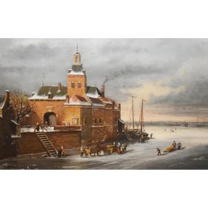 R. Kraats, Winter Landscape Painting, Lively Scene On A Frozen Lake, Northern School 