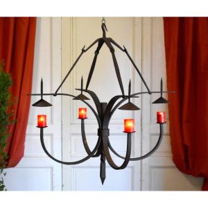 Large Wrought Iron Chandelier With Four Light Arms, 4-candle Lighting, High Period Style 