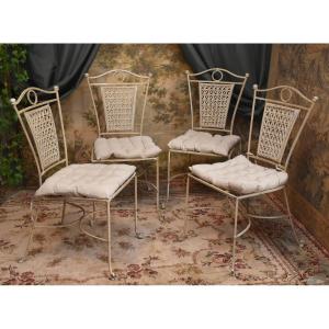 Set Of 4 Lacquered Wrought Iron Chairs With Woven Wicker Backs, Painted Cream White