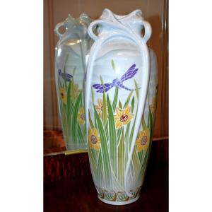 Large Art Nouveau Style Vase, Limoges Haviland Porcelain, Dragonflies And Daffodils 