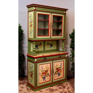 A Double-bodied Lacquered Buffet With A Glazed Top, Painted With Floral, Fruit, And Bouquet Decorations, Late 19th Century