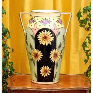 F. Quinque, Limoges Porcelain Vase Manufactured By Tressemanes -vogt, Roses And Daisies  