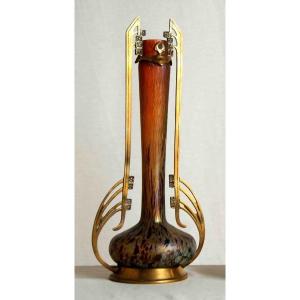 Large Vase On A Bronze Base And Frame, Iridescent Glass, Attributed To Loetz, Bohemia, 1900
