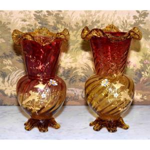 Pair Of Enameled Glass Vases, Legras-montjoye, Saint-denis, Art Nouveau, Circa 1900