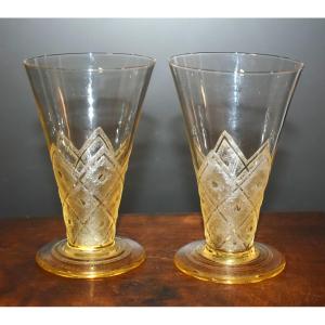 Daum, Pair Of Art Deco Vases, Acid-etched Relief, Granite Ground, Geometric Decoration, 1930