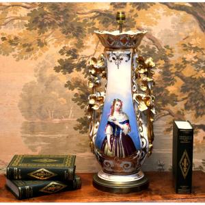 Large Limoges Porcelain Lamp Base, Hand-painted Figure Decoration, 19th Century. 