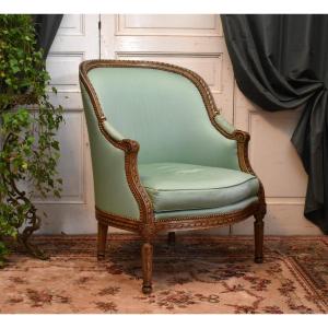 Large Louis XVI Style Lacquered Bergère Armchair, Gondola Back, Cushion Seat, Early 19th Century