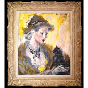 Painting By Henri Laville (1916-1995) "young Woman And The Cat" Portrait, Oil On Canvas, Framed M
