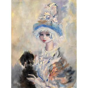 Henri Laville (1916-1995) Portrait Entitled "young Girl And Her Dog".
