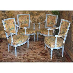 Set Of 4 Cabriolet Armchairs, Louis XVI - Directoire Style, Cream Lacquered, Blue Highlights, 19th Century