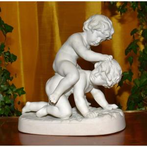 Porcelain Biscuit Group, Statue Of A Putti Astride, After René Charles Massé 