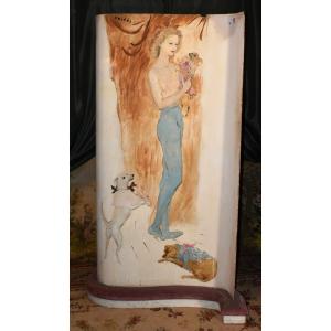 Marcel Vertès, Paravent, Cabaret Dressing Room Screen, Naked Woman And Small Dogs         