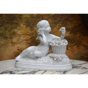 White Porcelain Biscuit Group After B. Rezl, Statue, Sculpture, Art Deco Cherub