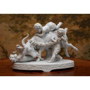 Porcelain Biscuit Group, Subject: Goat And Cupids, Statue Of Cherubs, Angels, Putti   