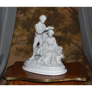 Capodimonte Statue, Group In White Glazed Porcelain, Gallant Scene, Naples, Italy  
