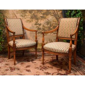 Pair Of Directoire Style Armchairs, Seats With Small-point Tapestry Upholstery, 