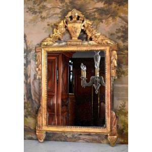 Mirror With Gilded Wooden Pediment In The Louis XVI Style, Napoleon III Period, 19th Century Glass.     