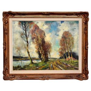 Léo Libert, Liège School, Landscape "marsh In Campine", Large Framed Painting Dated 1964