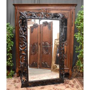Important Carved And Openwork Wooden Mirror, Renaissance Style, Oak, Late 19th Century    