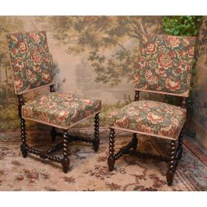 Pair Of Louis XIII - Louis XIV Style Chairs In Oak, Verdure Fabric, Twisted Webbing, 19th Century
