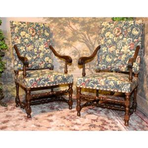 Pair Of Large Louis XIII - Louis XIV Style Armchairs In Walnut, Verdure Fabric, 19th Century 