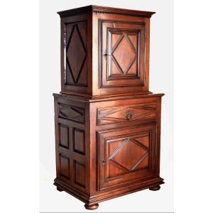 Standing Man Louis XIII Style Walnut Cabinet, Two-part Superimposed Cabinet, Two-part Miniature Buffet