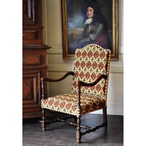 Louis XIII - Louis XIV Style Armchair In Walnut, Baluster Legs, Petit Point Fabric, 19th Century