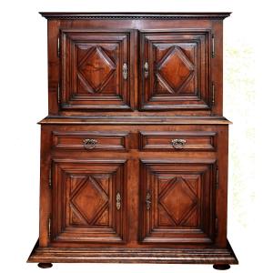 Two-part Louis XIII Style Buffet In Solid Walnut, Diamond Points, 17th Century, Upper Section Diminutive