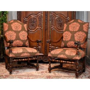 Pair Of Large Louis XIII - Louis XIV Style Armchairs With Flat Backs And Baluster Legs, 19th Century