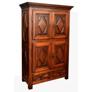 Small Louis XIII Style Four-door Walnut Cabinet, Four-door Sideboard, Diamond-point Inlays